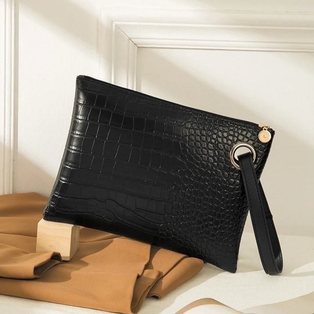 Black Crocodile‎ Embossed Clutch Bag Evening Party Purse Wristlet Handbag